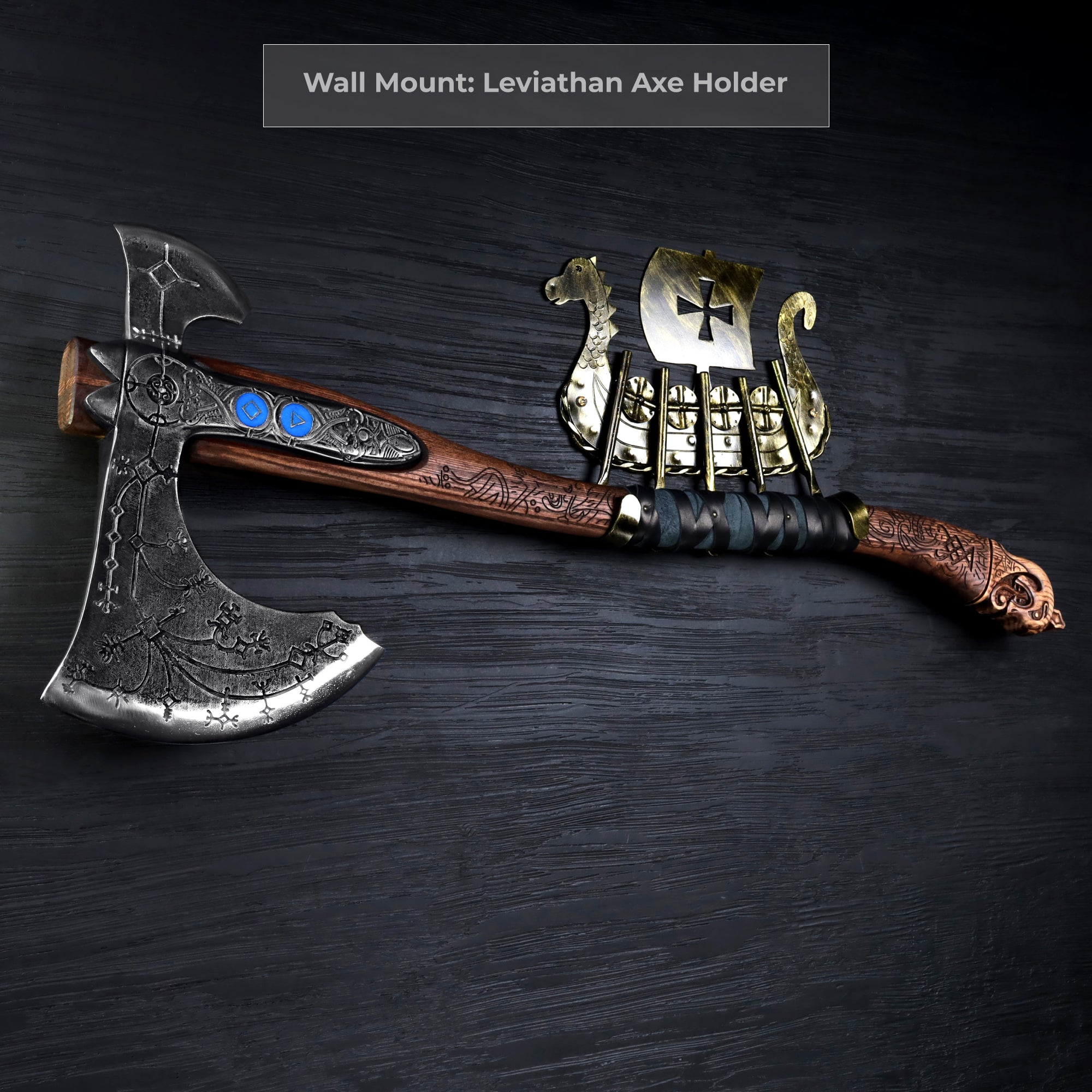 Hand-forged "Ragnarok Kratos axe" with carved handle and Luminescent Glow-in-the-Dar Runes