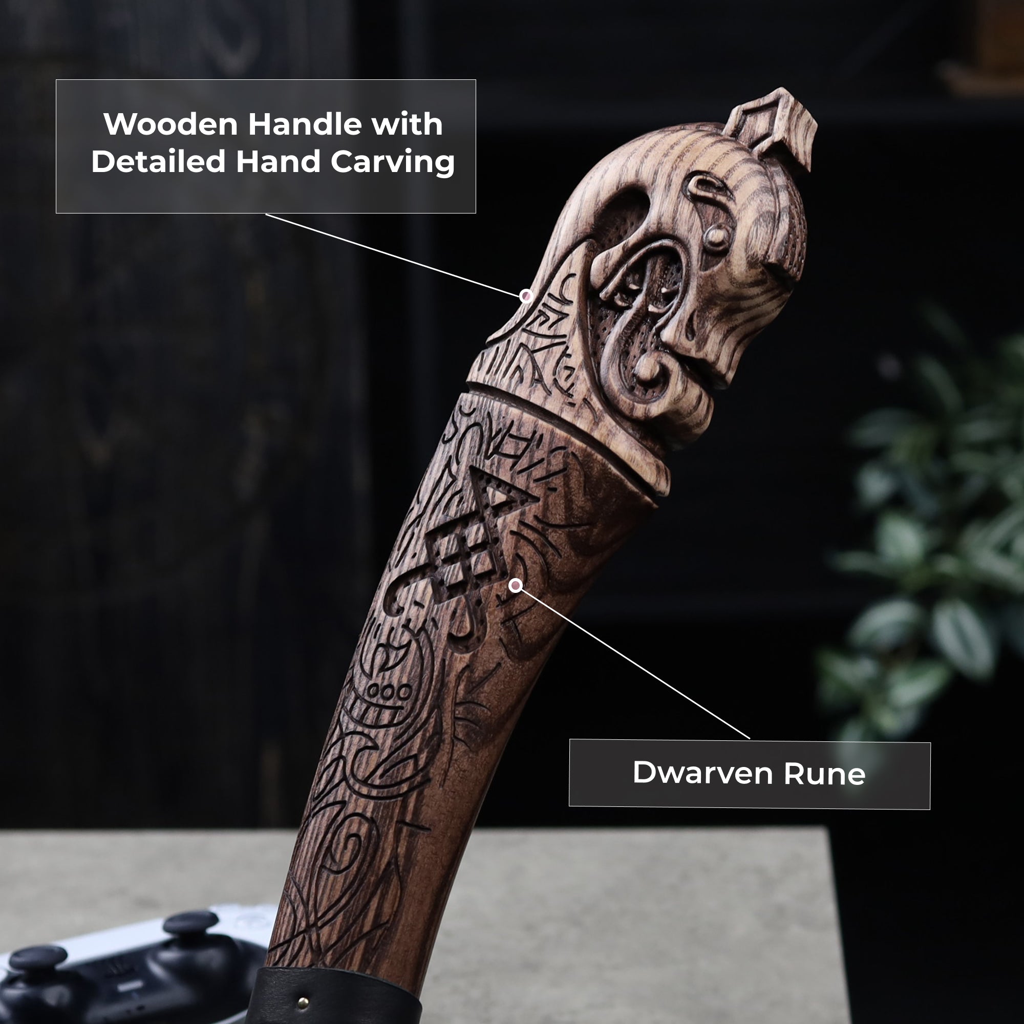 Hand-forged "Ragnarok Kratos axe" with carved handle and Luminescent Glow-in-the-Dar Runes