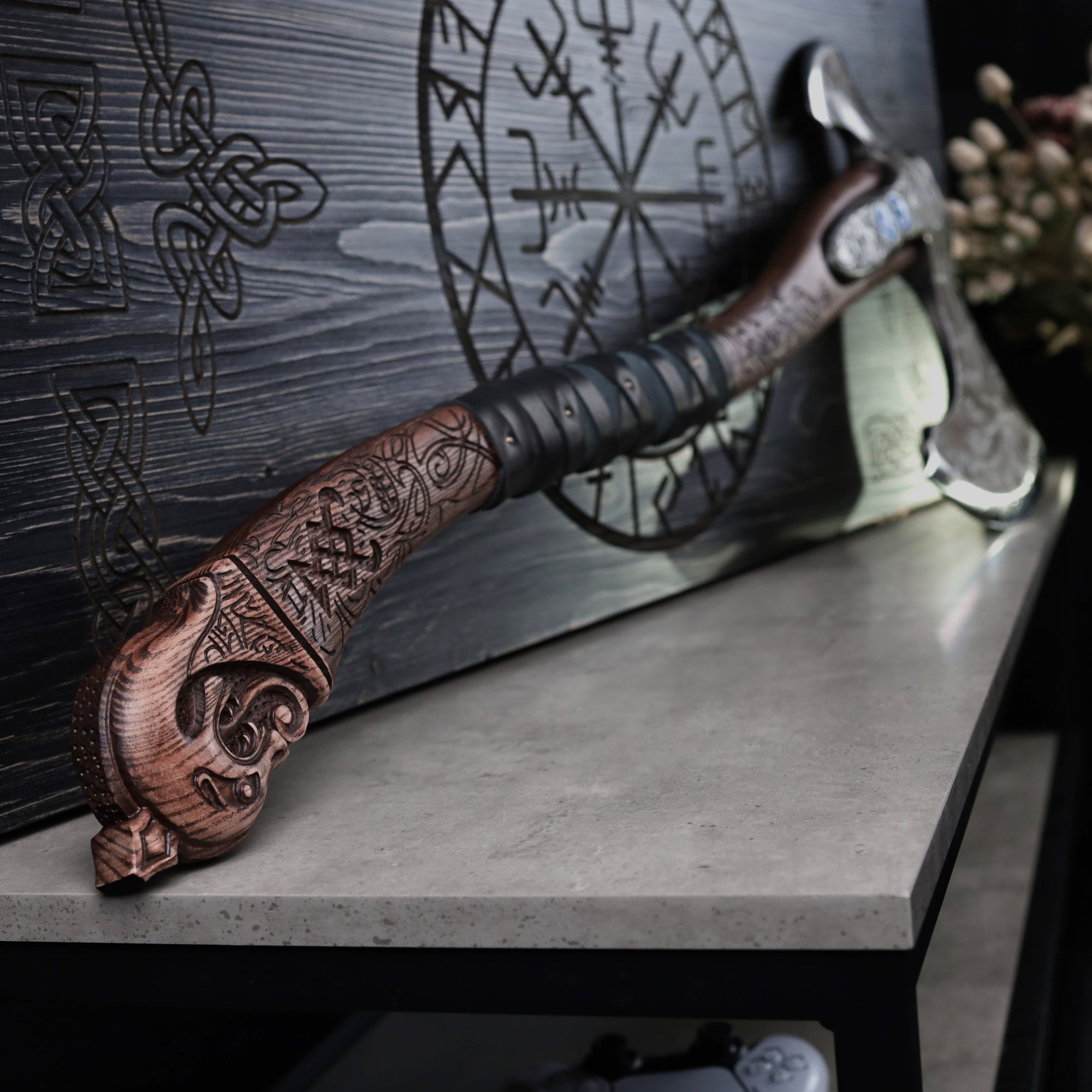 Hand-forged "Ragnarok Kratos axe" with carved handle and Luminescent Glow-in-the-Dar Runes