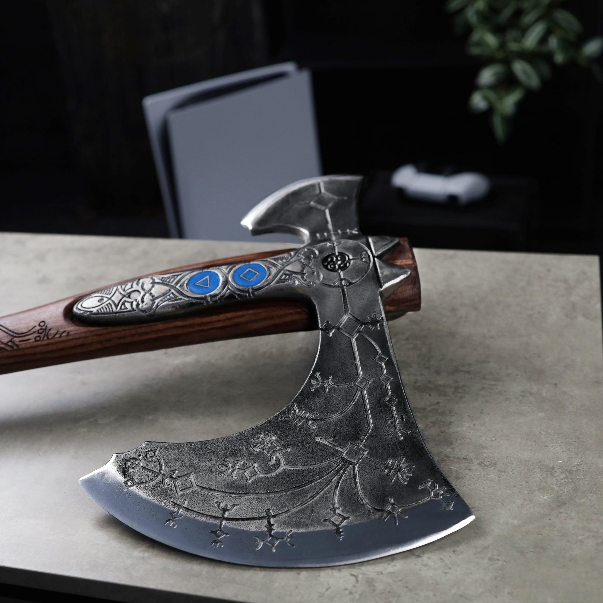 Hand-forged "Ragnarok Kratos axe" with carved handle and Luminescent Glow-in-the-Dar Runes