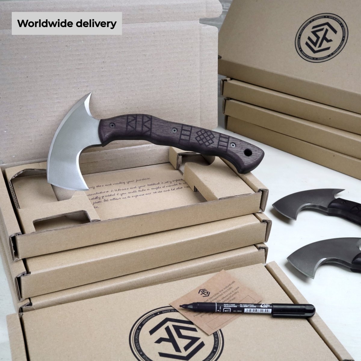 Compact tomahawk "Otokan" with tribal engraving from AncientSmithy