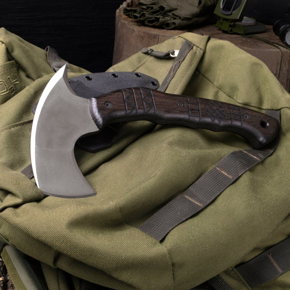 Compact tomahawk "Otokan" with tribal engraving from AncientSmithy