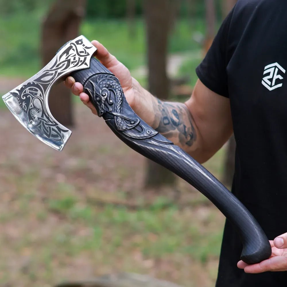 Hand - forged hardened bearded viking axe "Fenrisulfr" with carved handle from AncientSmithy