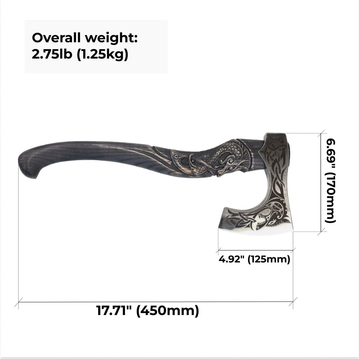 Hand - forged hardened bearded viking axe "Fenrisulfr" with carved handle from AncientSmithy