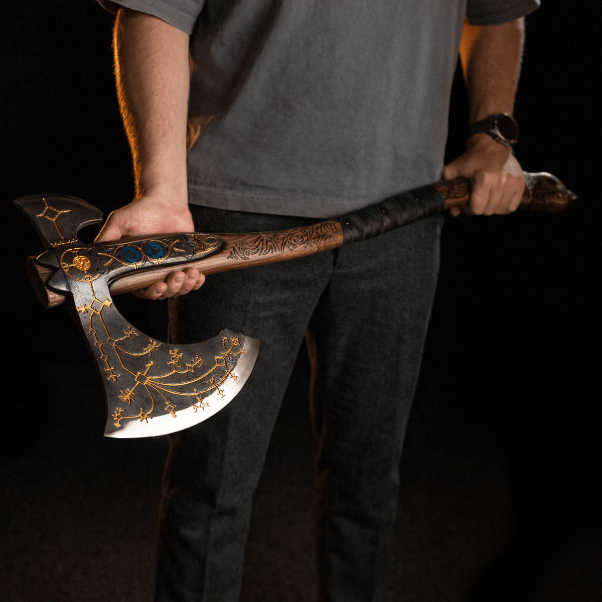 Hand-forged Leviathan axe with leather wrap "Ragnarok Kratos axe" from AncientSmithy