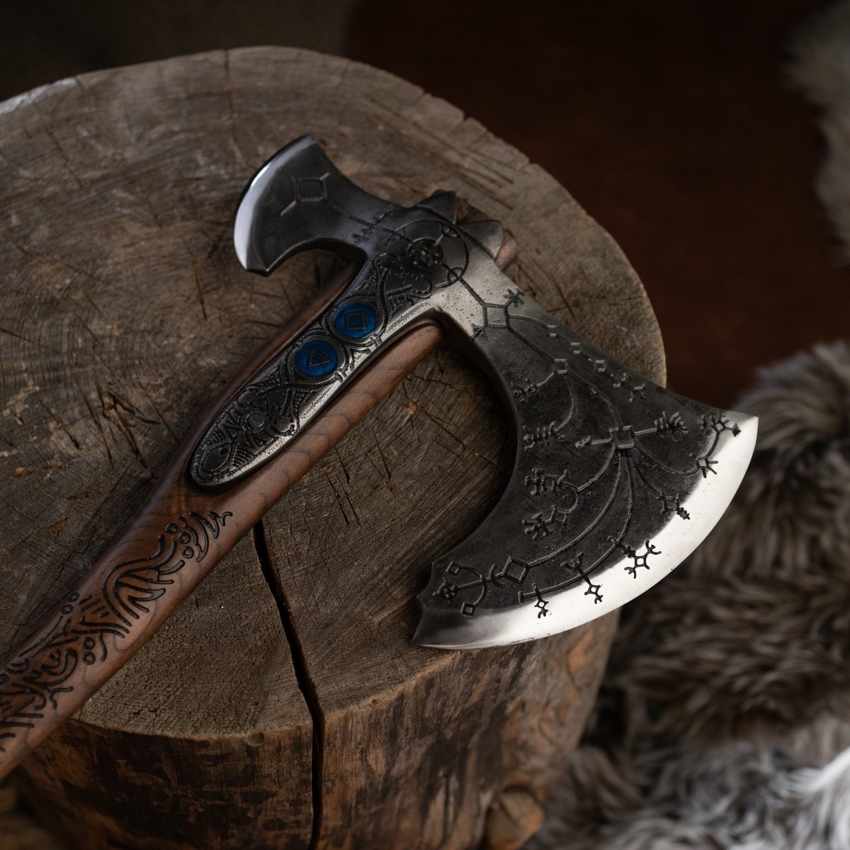 Hand-forged "Ragnarok Kratos axe" with carved handle and Glow-in-the-Dark Runes from AncientSmithy
