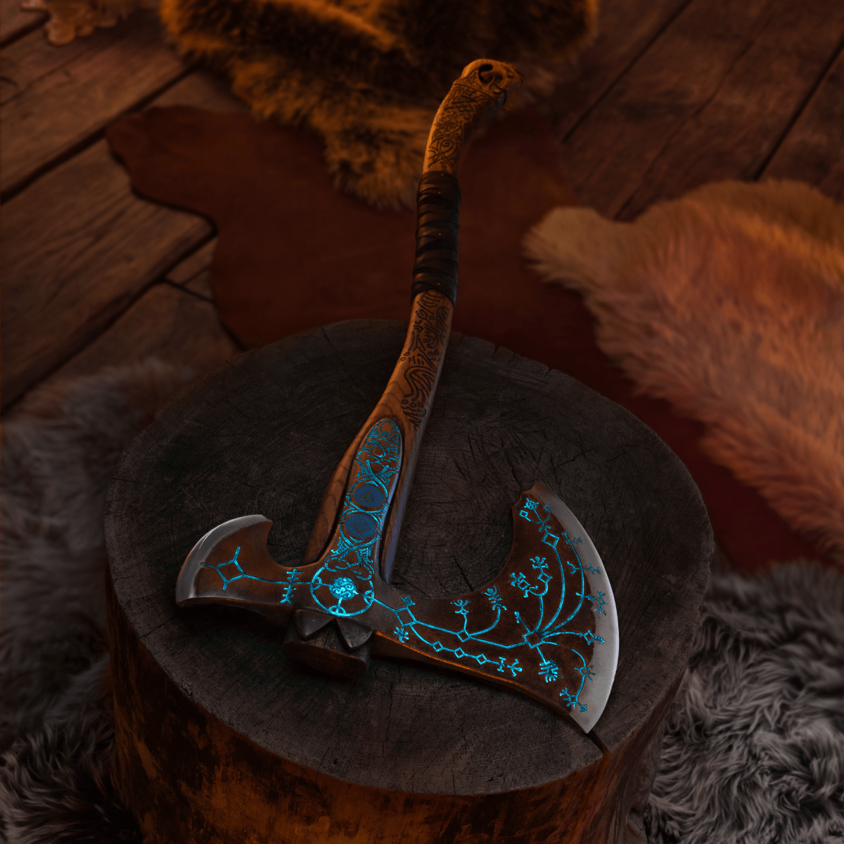 Hand-forged "Ragnarok Kratos axe" with carved handle and Glow-in-the-Dark Runes from AncientSmithy