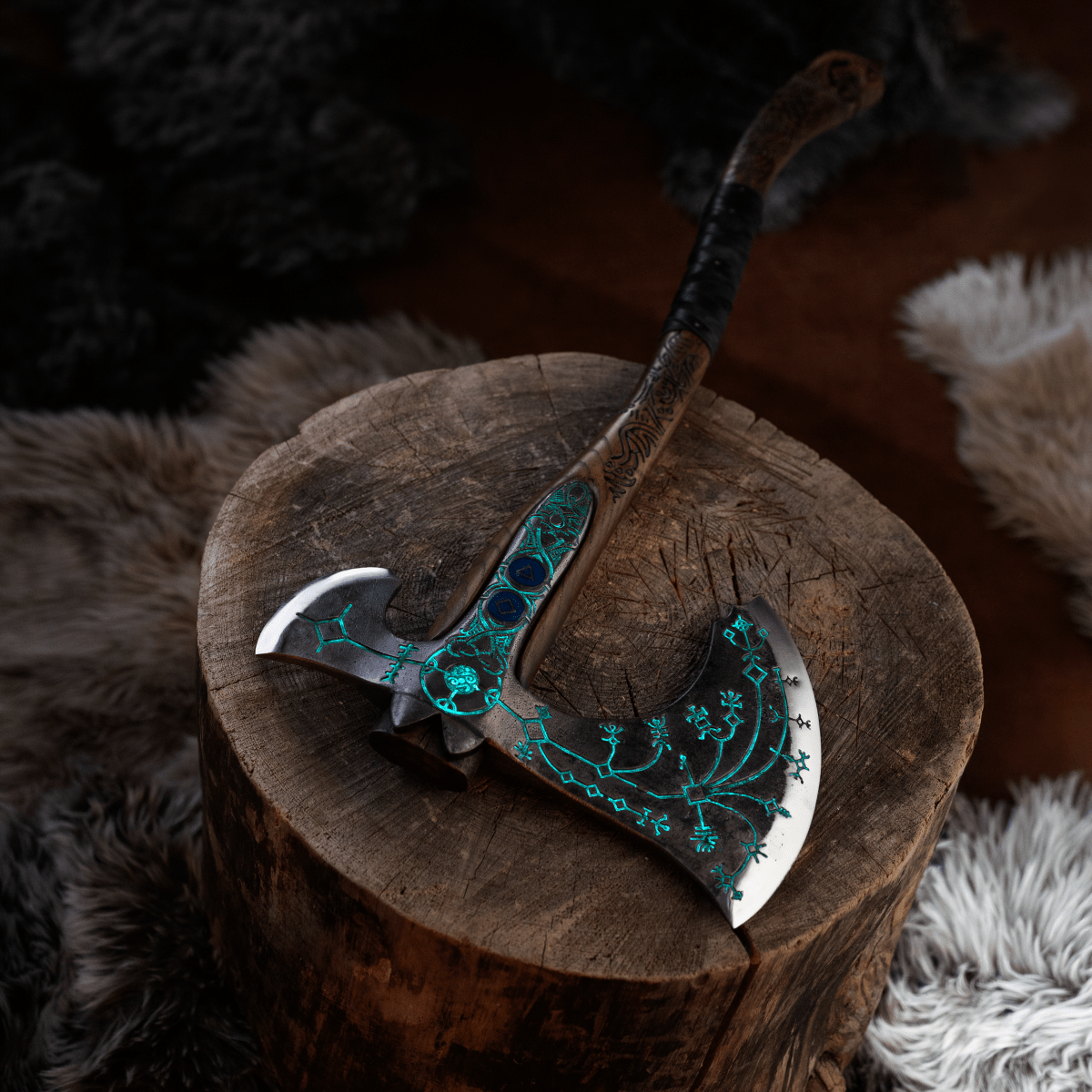 Hand-forged "Ragnarok Kratos axe" with carved handle and Glow-in-the-Dark Runes from AncientSmithy