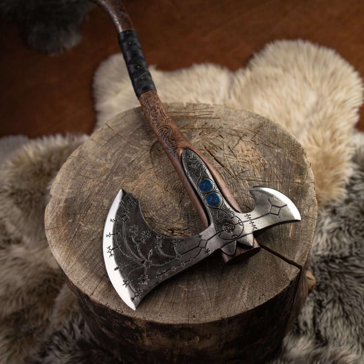Hand-forged "Ragnarok Kratos axe" with carved handle and Glow-in-the-Dark Runes from AncientSmithy