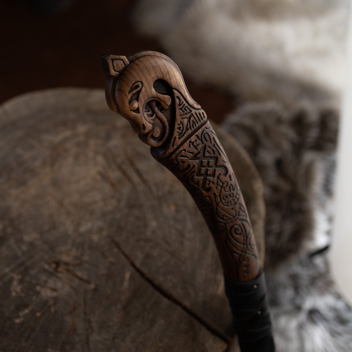 Hand-forged "Ragnarok Kratos axe" with carved handle and Glow-in-the-Dark Runes from AncientSmithy