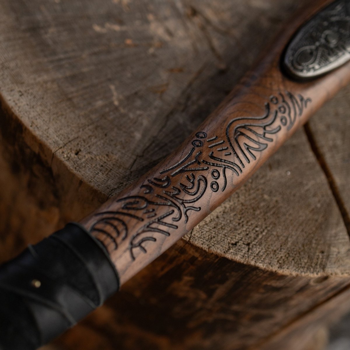 Hand-forged "Ragnarok Kratos axe" with carved handle and Glow-in-the-Dark Runes from AncientSmithy