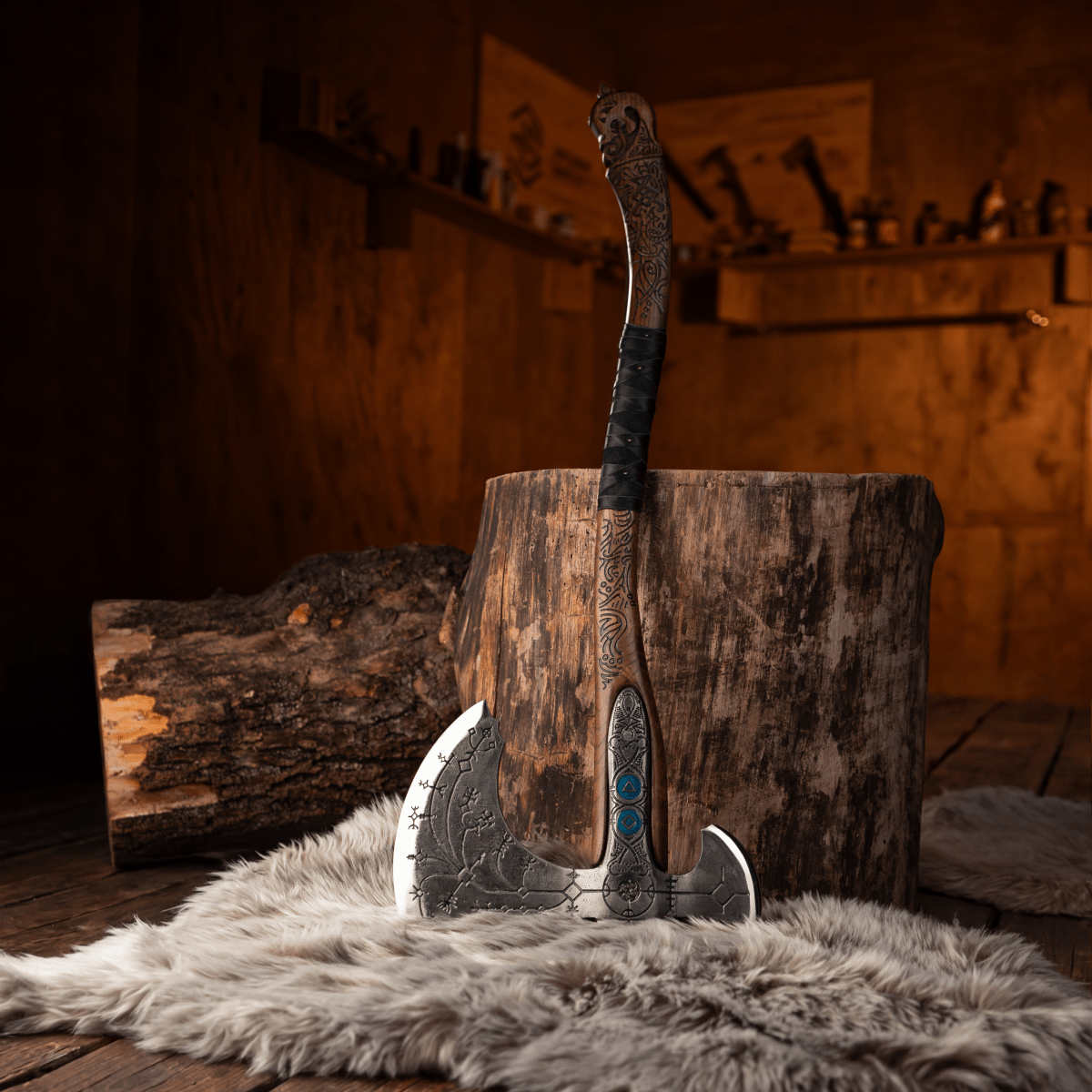 Hand-forged "Ragnarok Kratos axe" with carved handle and Glow-in-the-Dark Runes from AncientSmithy