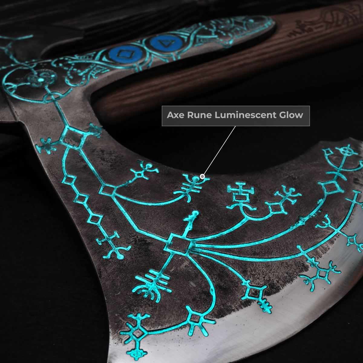 Hand - forged "Ragnarok Kratos axe" with carved handle and Luminescent Glow - in - the - Dar Runes from AncientSmithy