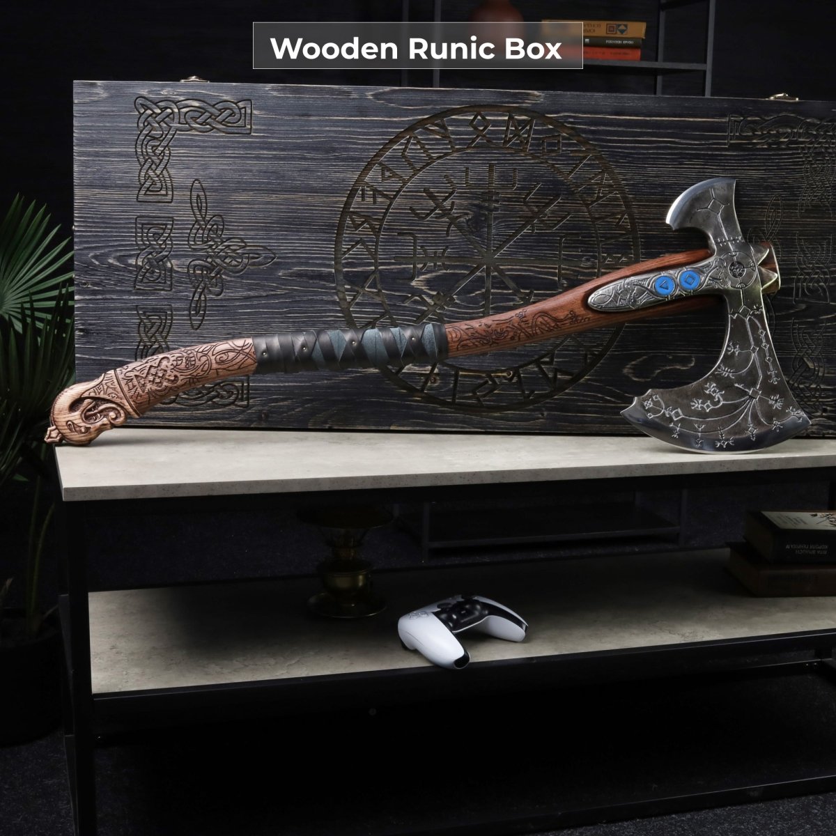 Hand - forged "Ragnarok Kratos axe" with carved handle and Luminescent Glow - in - the - Dar Runes from AncientSmithy
