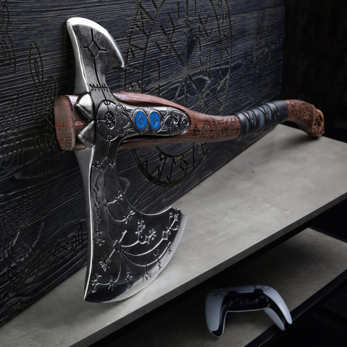 Hand - forged "Ragnarok Kratos axe" with carved handle and Luminescent Glow - in - the - Dar Runes from AncientSmithy