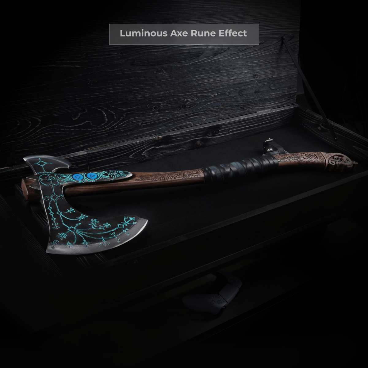 Hand - forged "Ragnarok Kratos axe" with carved handle and Luminescent Glow - in - the - Dar Runes from AncientSmithy