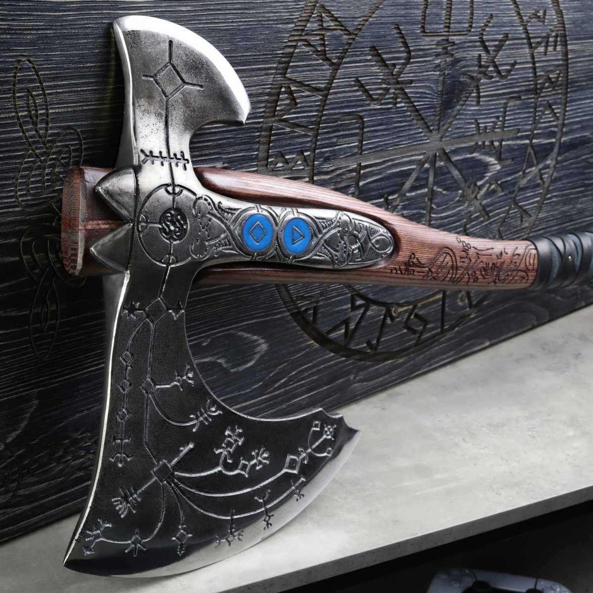 Hand - forged "Ragnarok Kratos axe" with carved handle and Luminescent Glow - in - the - Dar Runes from AncientSmithy