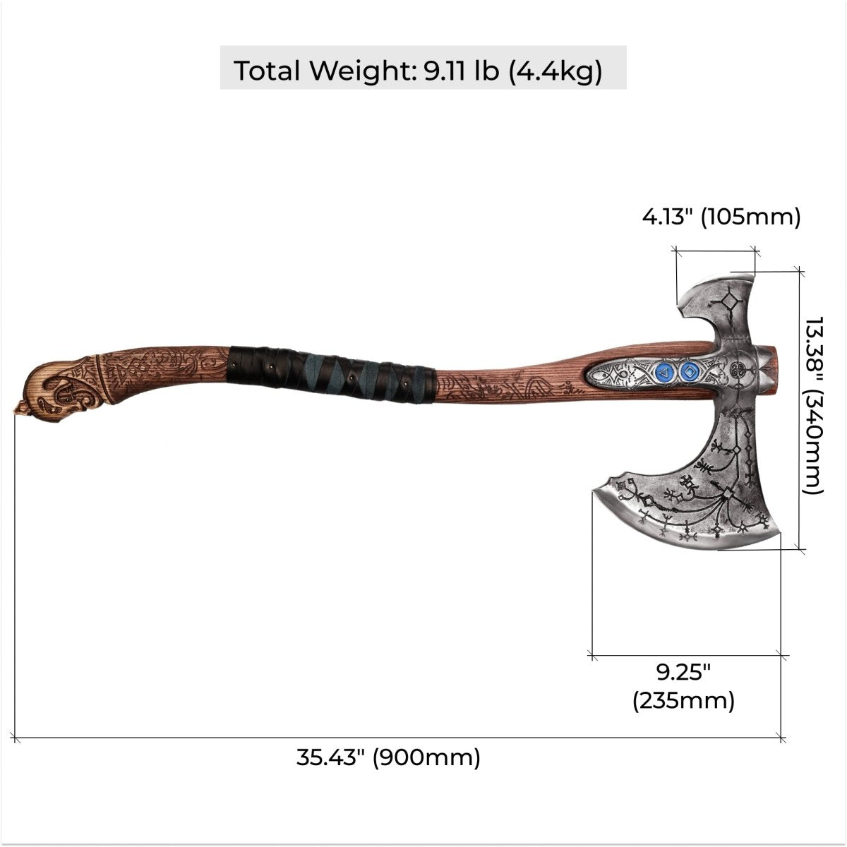 Hand - forged "Ragnarok Kratos axe" with carved handle and Luminescent Glow - in - the - Dar Runes from AncientSmithy