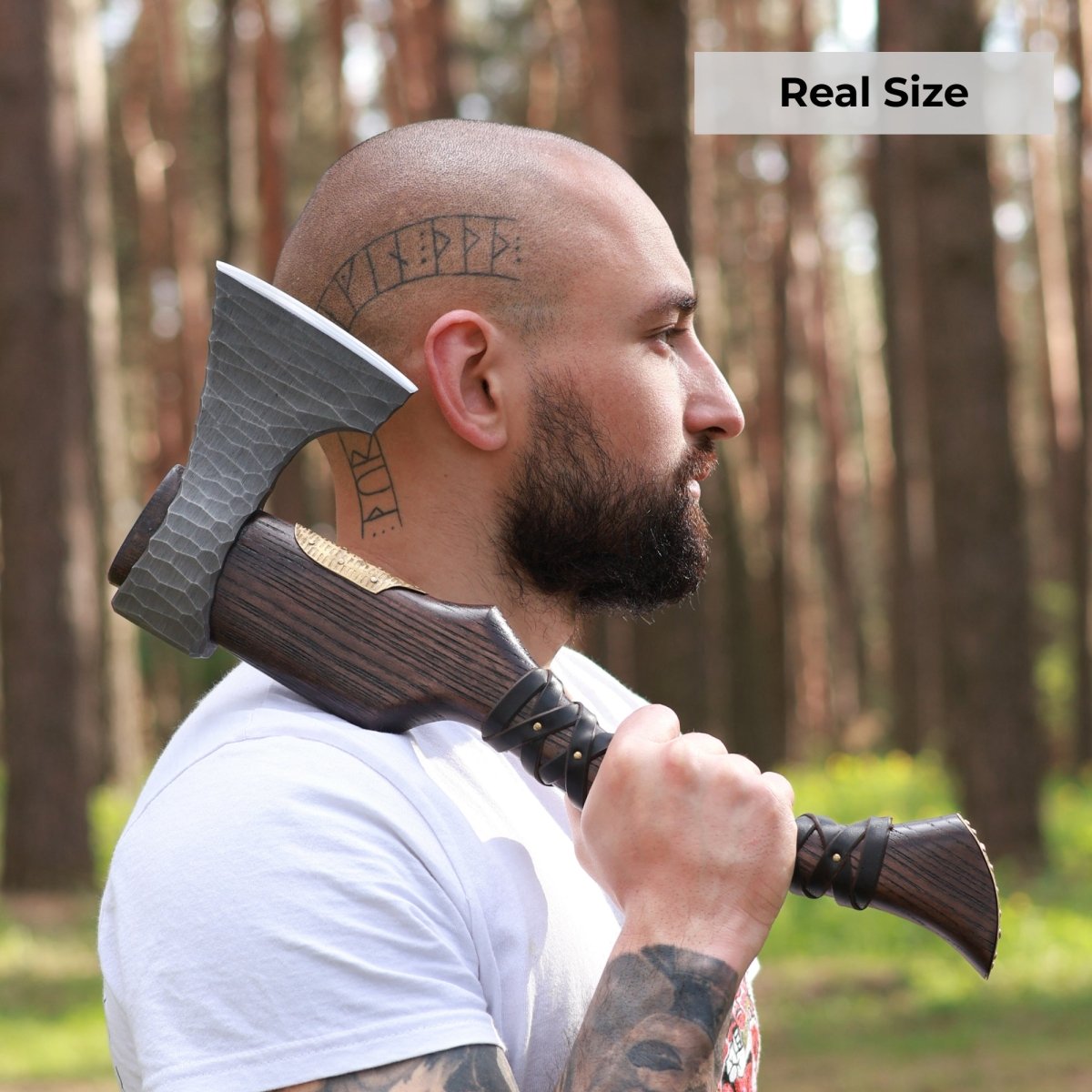 Hand Forged Viking Axe "Veles" with leather wrap on the handle from AncientSmithy