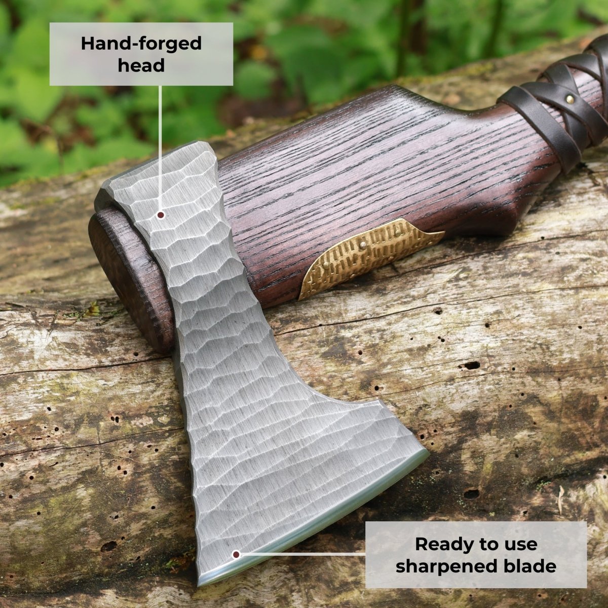 Hand Forged Viking Axe "Veles" with leather wrap on the handle from AncientSmithy