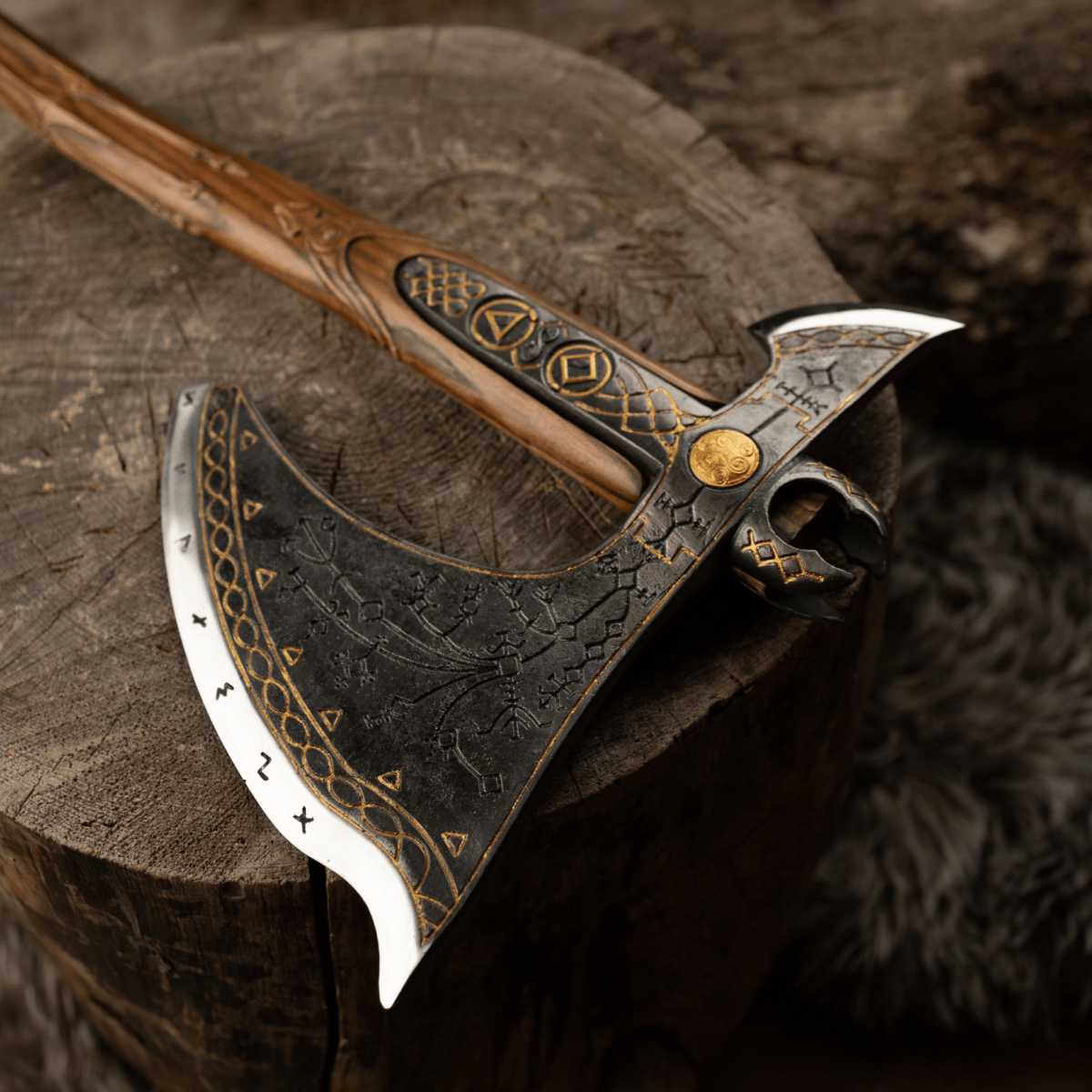 Handcrafted Leviathan axe with glow in the dark runes from AncientSmithy