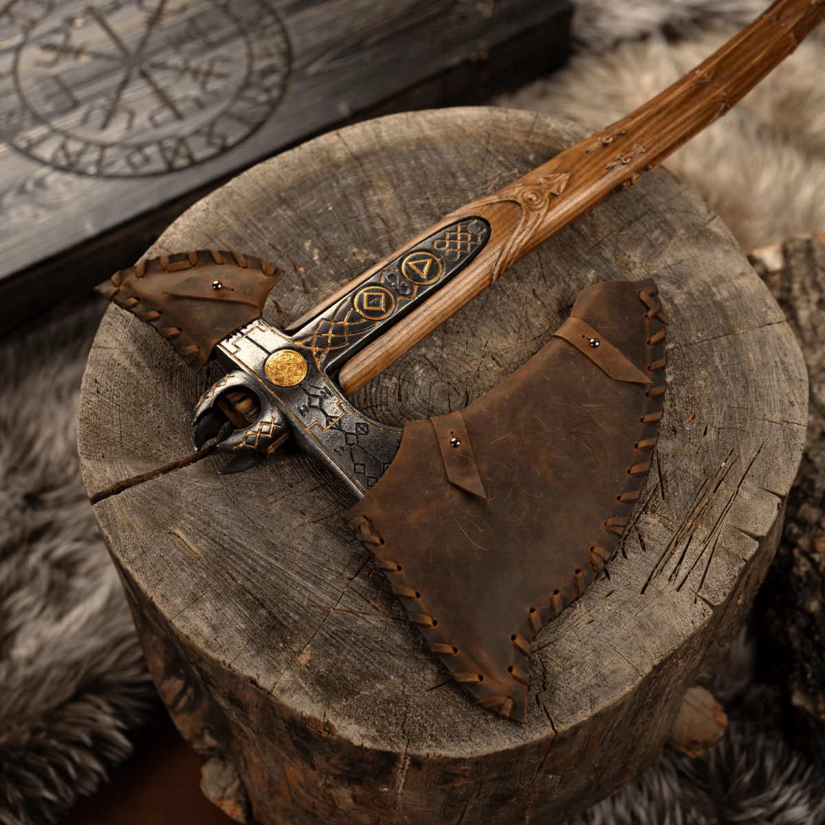 Handcrafted Leviathan axe with glow in the dark runes from AncientSmithy