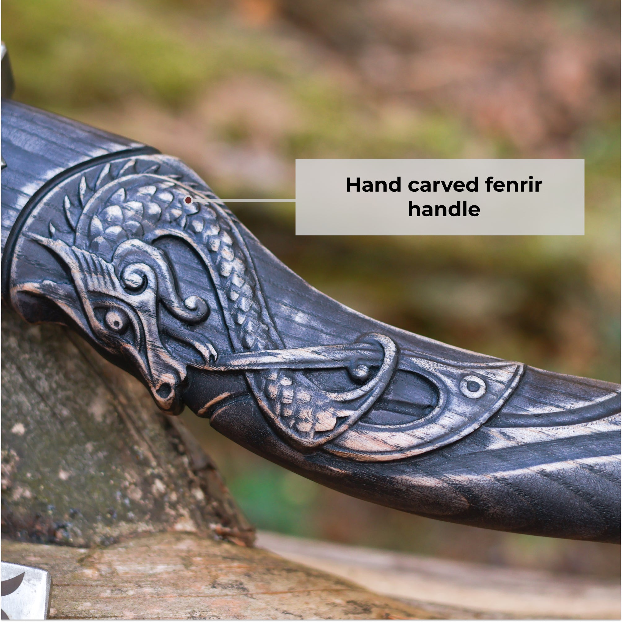 Hand-forged hardened bearded viking axe "Fenrisulfr" with carved handle