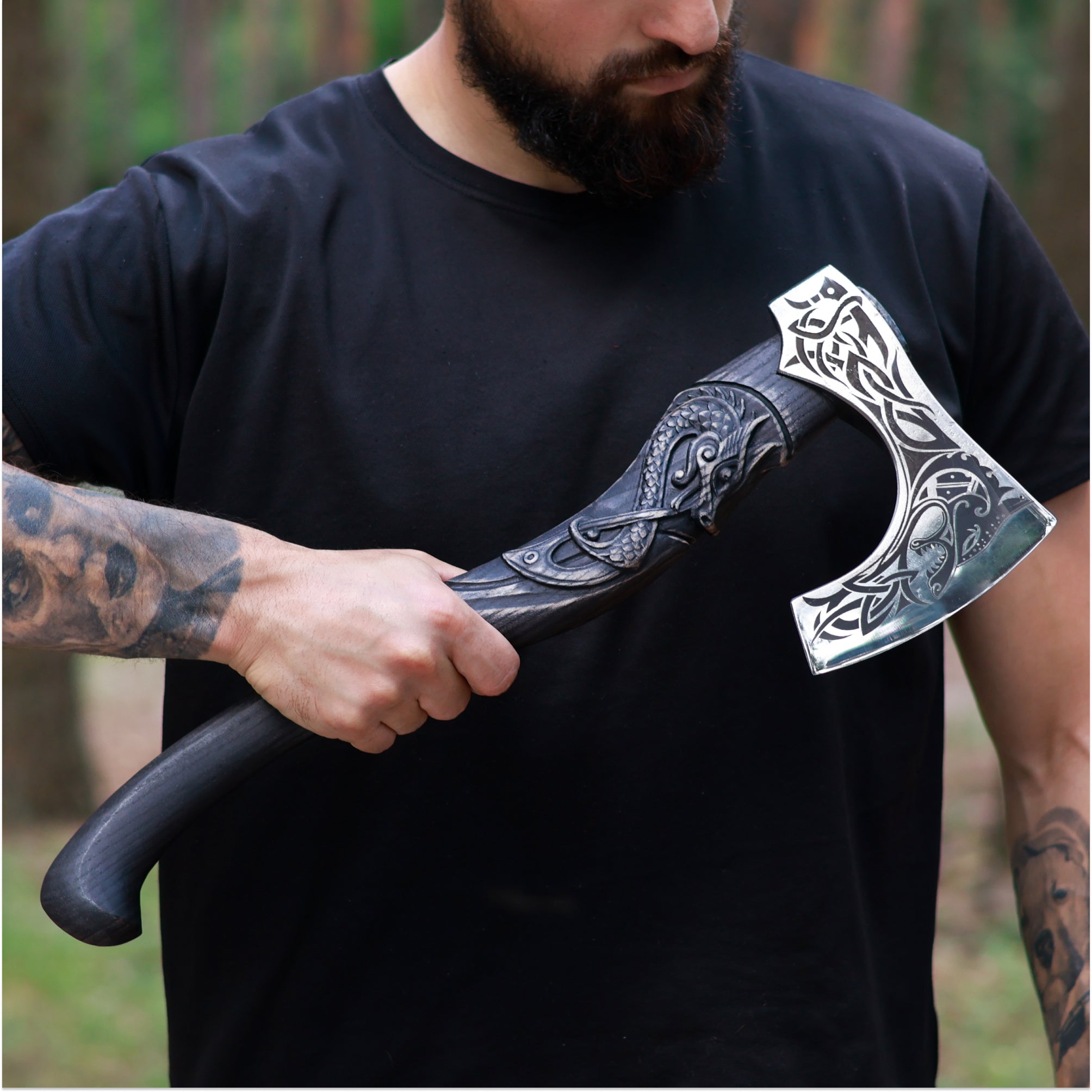 Hand-forged hardened bearded viking axe "Fenrisulfr" with carved handle