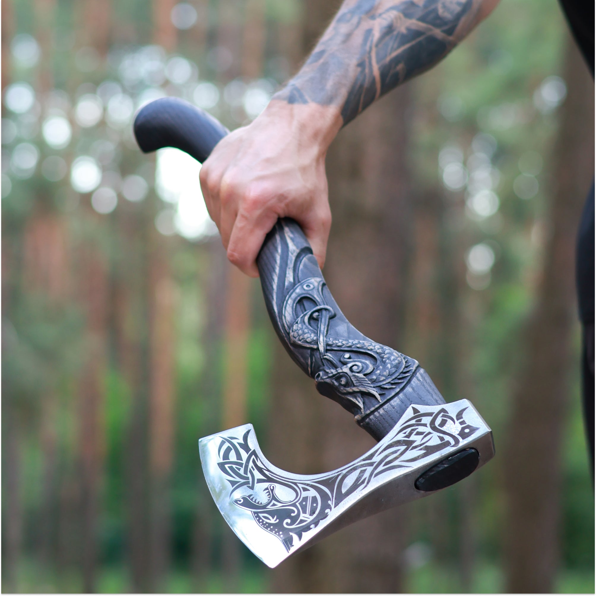 Hand-forged hardened bearded viking axe "Fenrisulfr" with carved handle