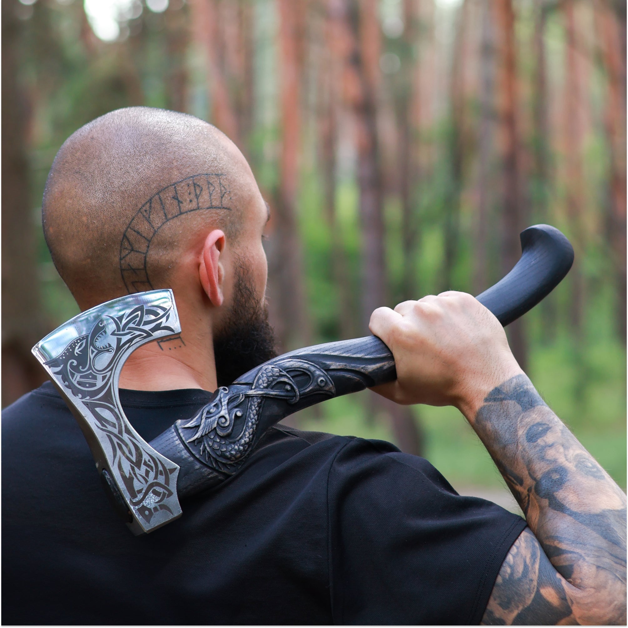 Hand-forged hardened bearded viking axe "Fenrisulfr" with carved handle