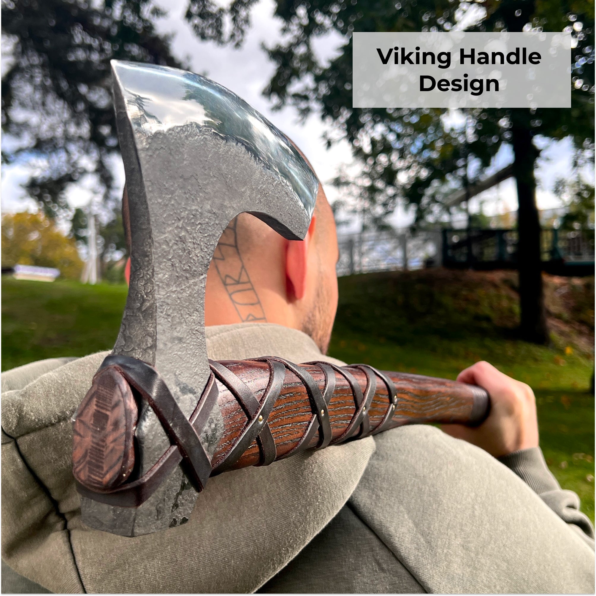 Viking long axe "Ragnar Lodbrok" with carving handle and leather wrap