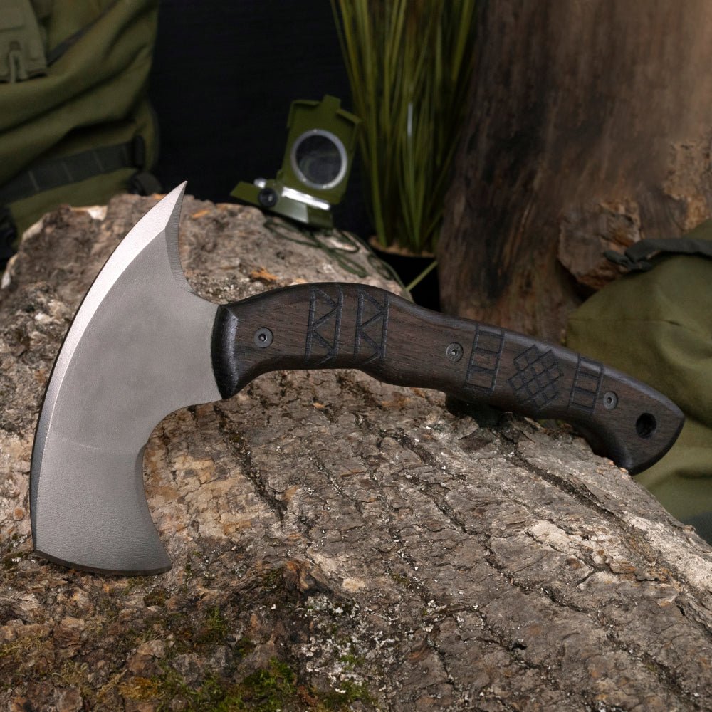Compact tomahawk "Otokan" with tribal engraving from AncientSmithy