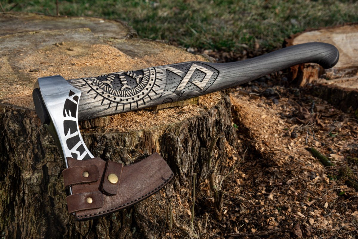 Forged axe “OTHALA” with leather cover from AncientSmithy