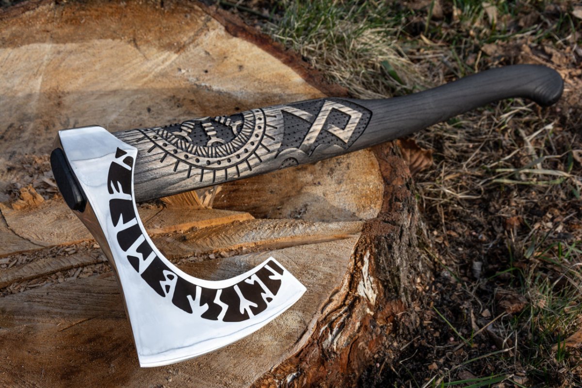 Forged axe “OTHALA” with leather cover from AncientSmithy