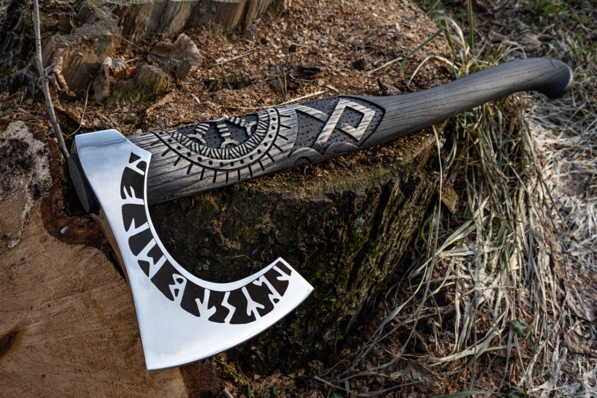 Forged axe “OTHALA” with leather cover from AncientSmithy