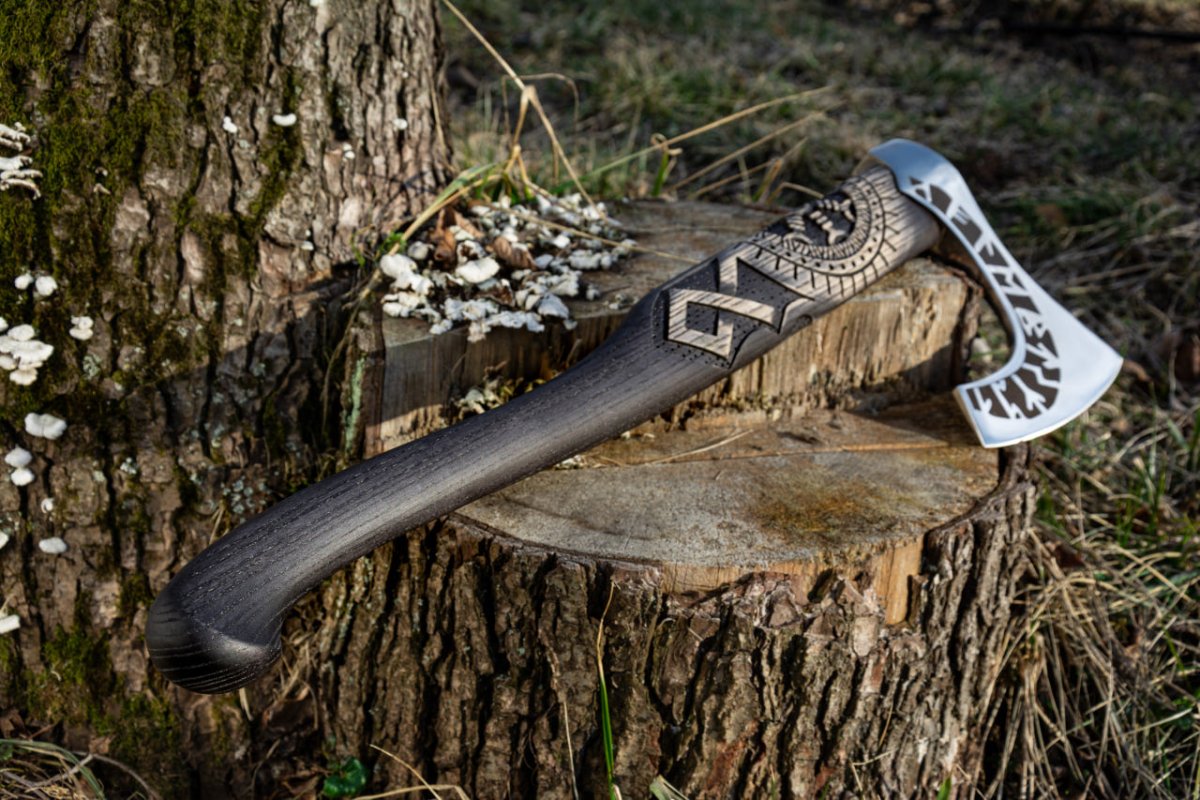 Forged axe “OTHALA” with leather cover from AncientSmithy