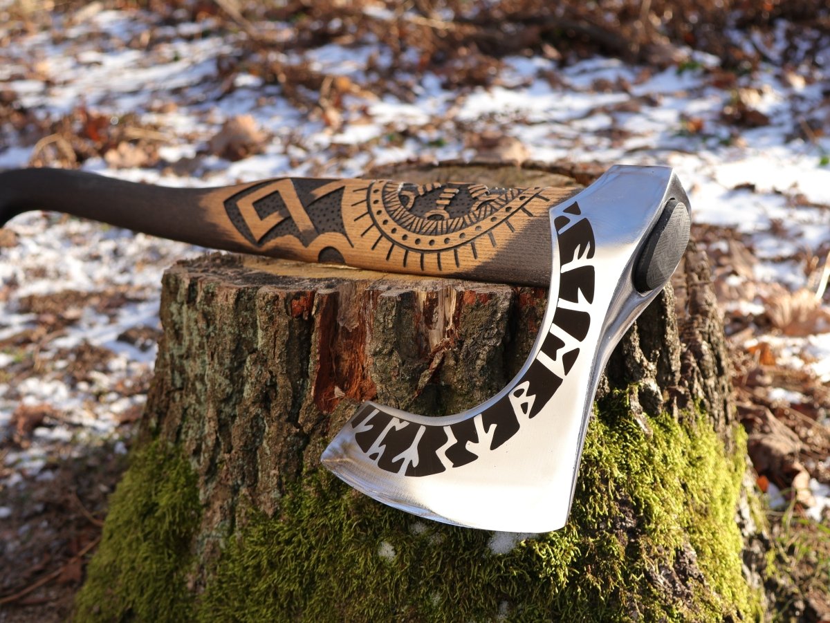 Forged axe “OTHALA” with leather cover from AncientSmithy