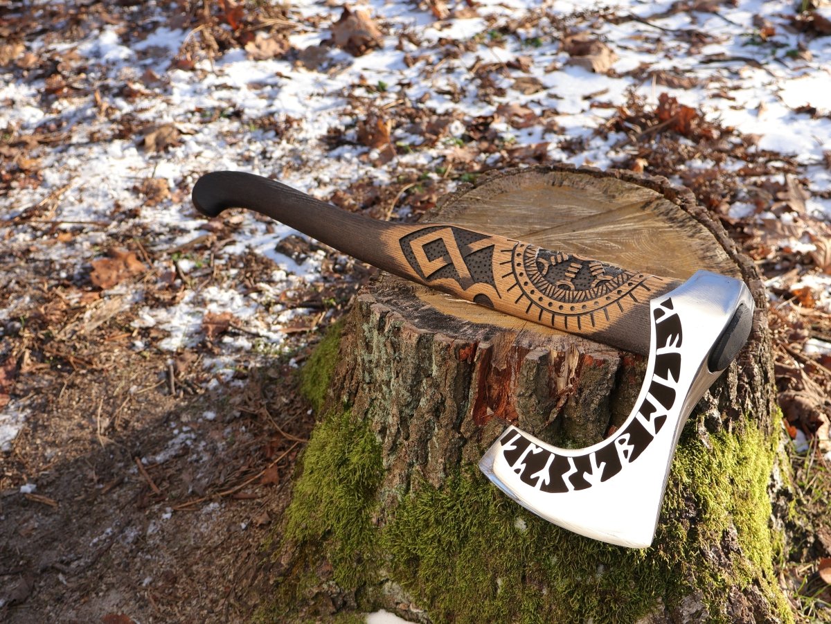 Forged axe “OTHALA” with leather cover from AncientSmithy