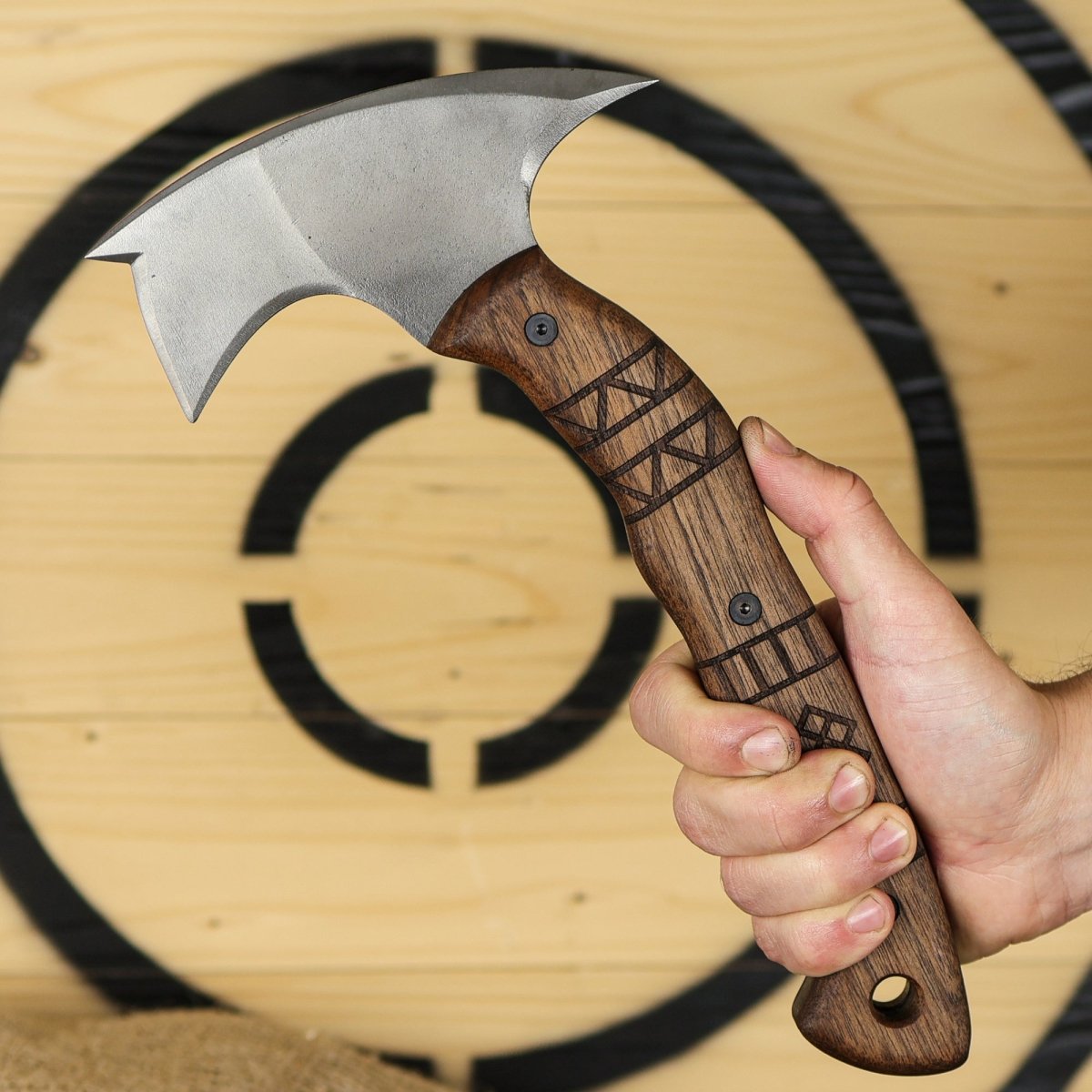 Forged tomahawk "Skaldrun" with tribal engraving from AncientSmithy