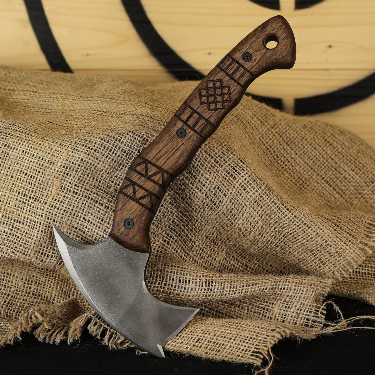 Forged tomahawk "Skaldrun" with tribal engraving from AncientSmithy