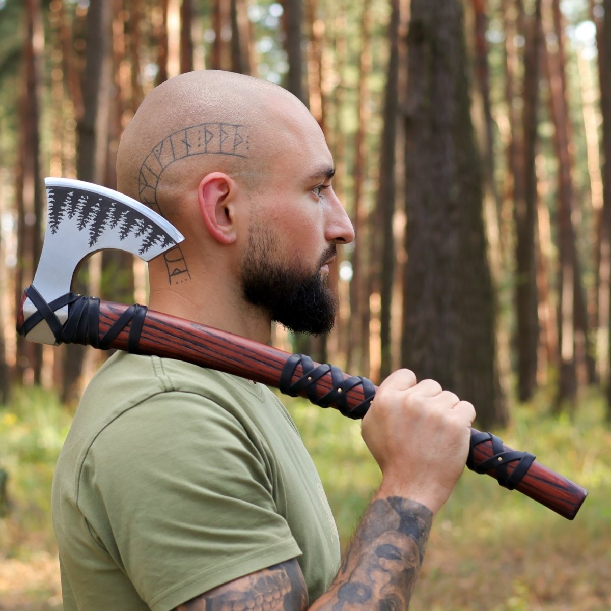 Hand forged axe "Forseti" with forest engraving from AncientSmithy