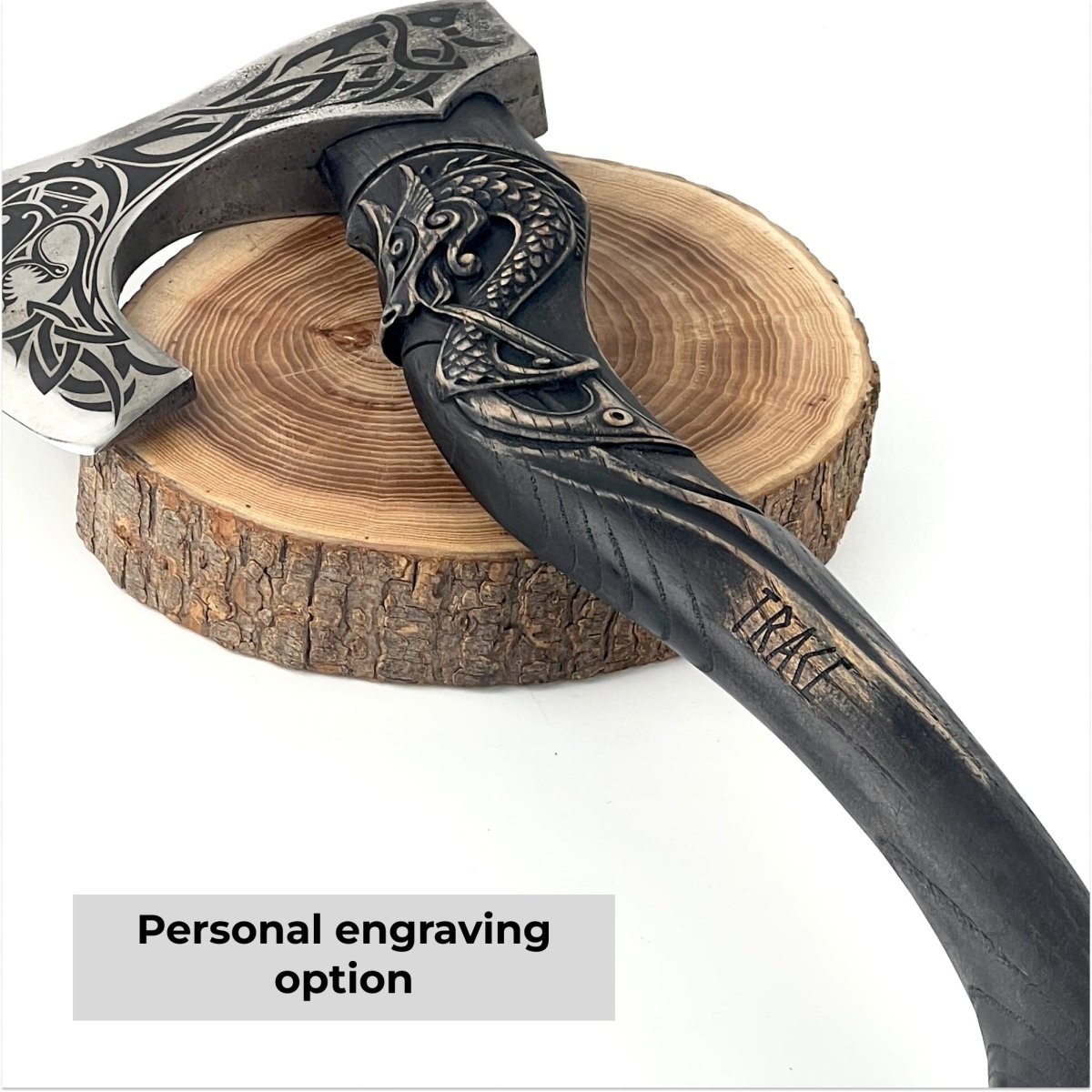 Hand - forged hardened bearded viking axe "Fenrisulfr" with carved handle from AncientSmithy