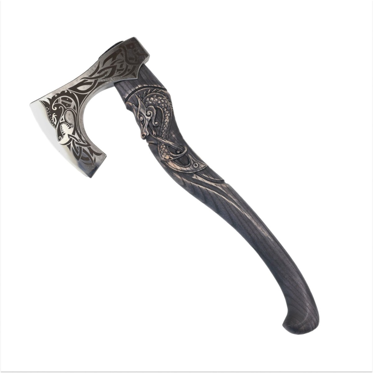 Hand - forged hardened bearded viking axe "Fenrisulfr" with carved handle from AncientSmithy