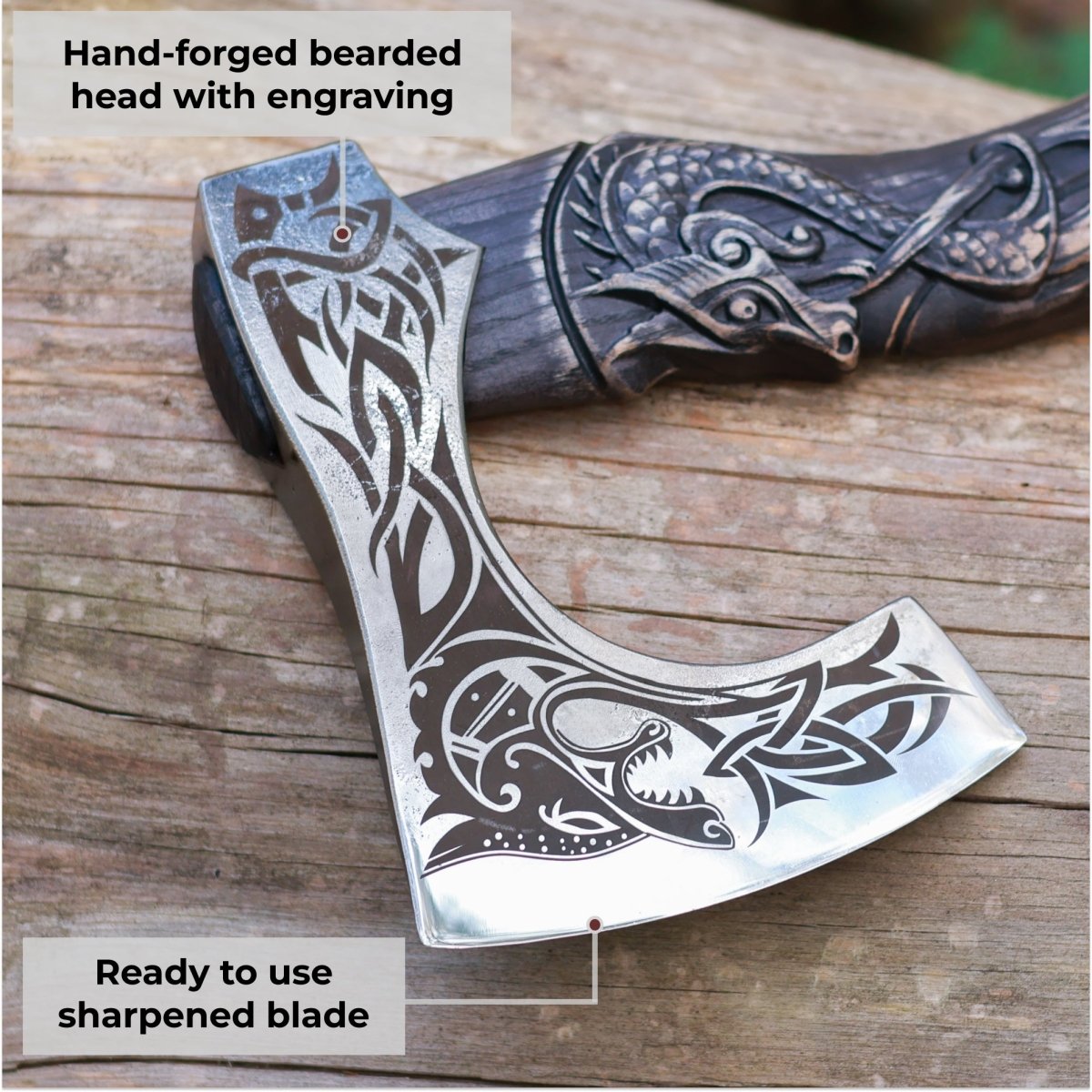 Hand - forged hardened bearded viking axe "Fenrisulfr" with carved handle from AncientSmithy