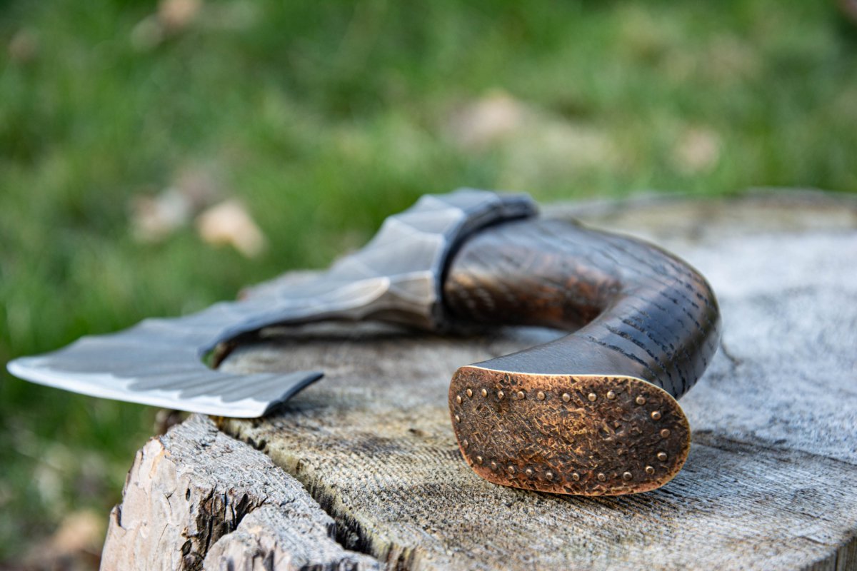 Hand forged hatchet "Skarpt nebb" with leather cover from AncientSmithy