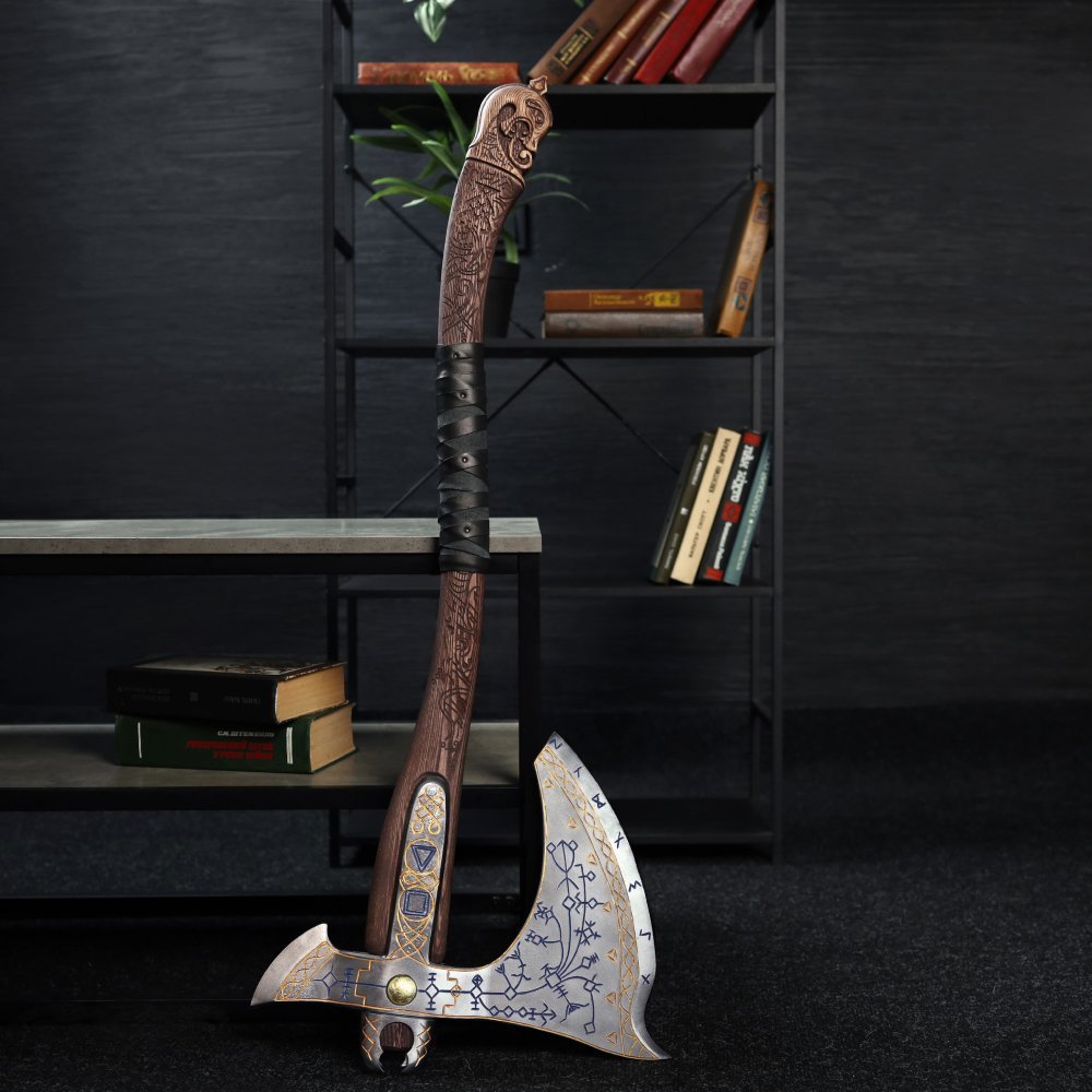 Hand - forged Leviathan axe with carved handle "Tyr" from AncientSmithy