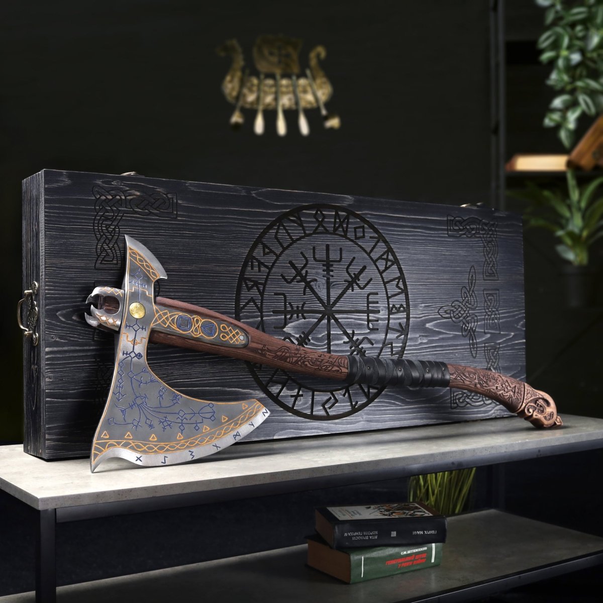 Hand - forged Leviathan axe with carved handle "Tyr" from AncientSmithy