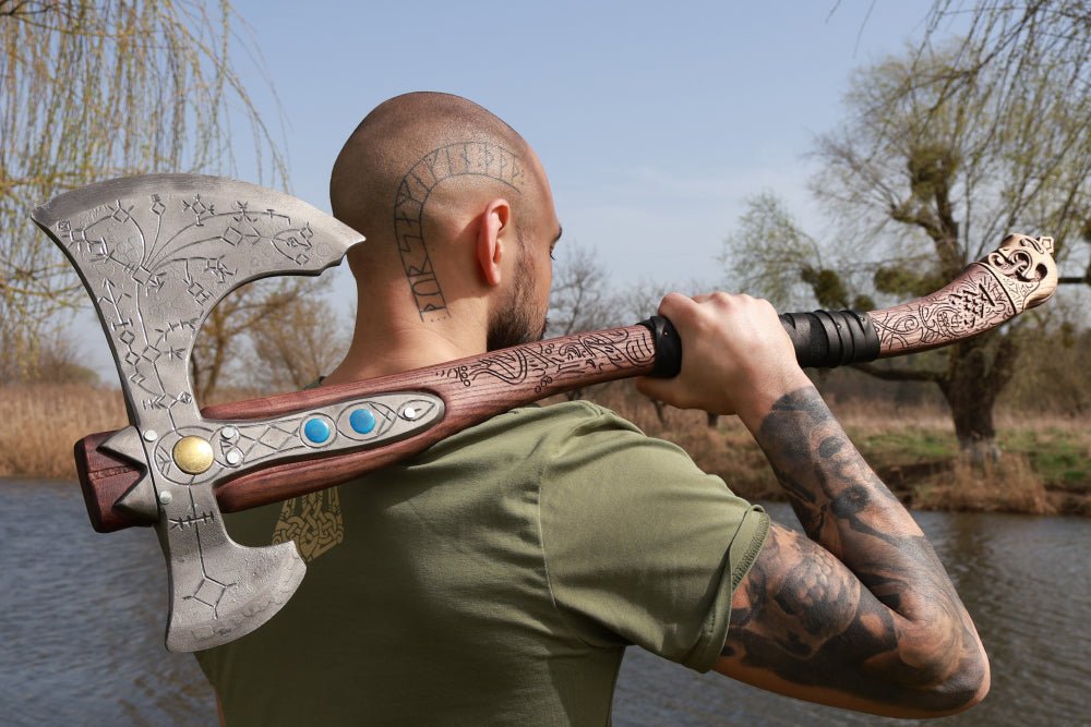 Hand-forged Leviathan axe with hardened head and carved handle "Tyr" from AncientSmithy