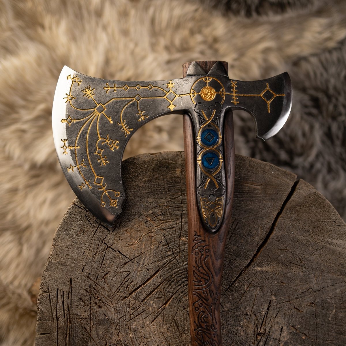 Hand-forged Leviathan axe with leather wrap "Ragnarok Kratos axe" from AncientSmithy
