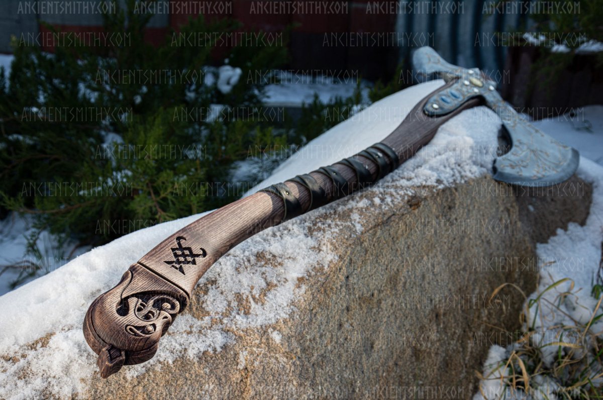 Hand - forged Leviathan axe with leather wrap from AncientSmithy